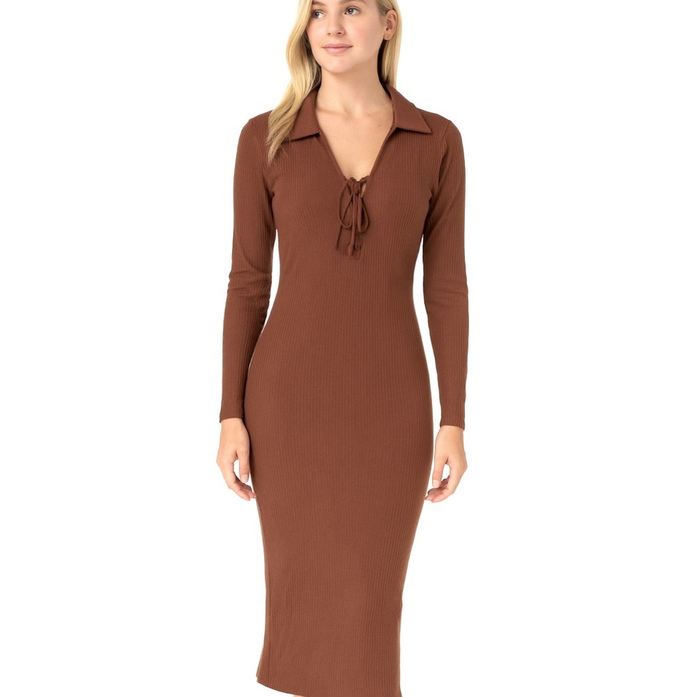 Lush ribbed Long-sleeve Collar Brown Maxi dress with side split, Size‎ S, NWT